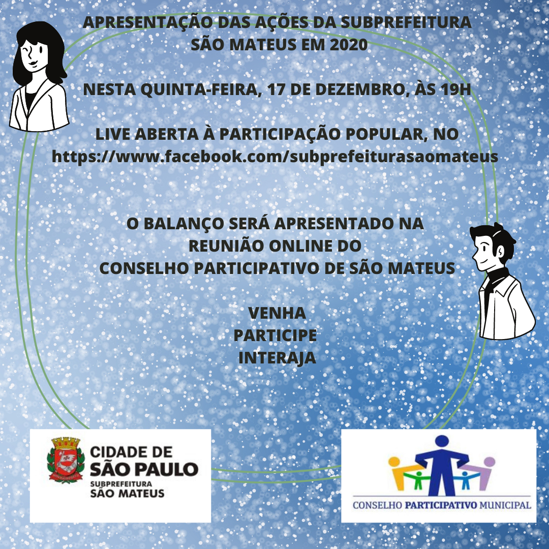 Convite em fundo azul estrelado informa que a reunião será dia 17, às 19 horas, em live no Facebook da Subprefeitura São Mateus e que é livre a participação de todos.